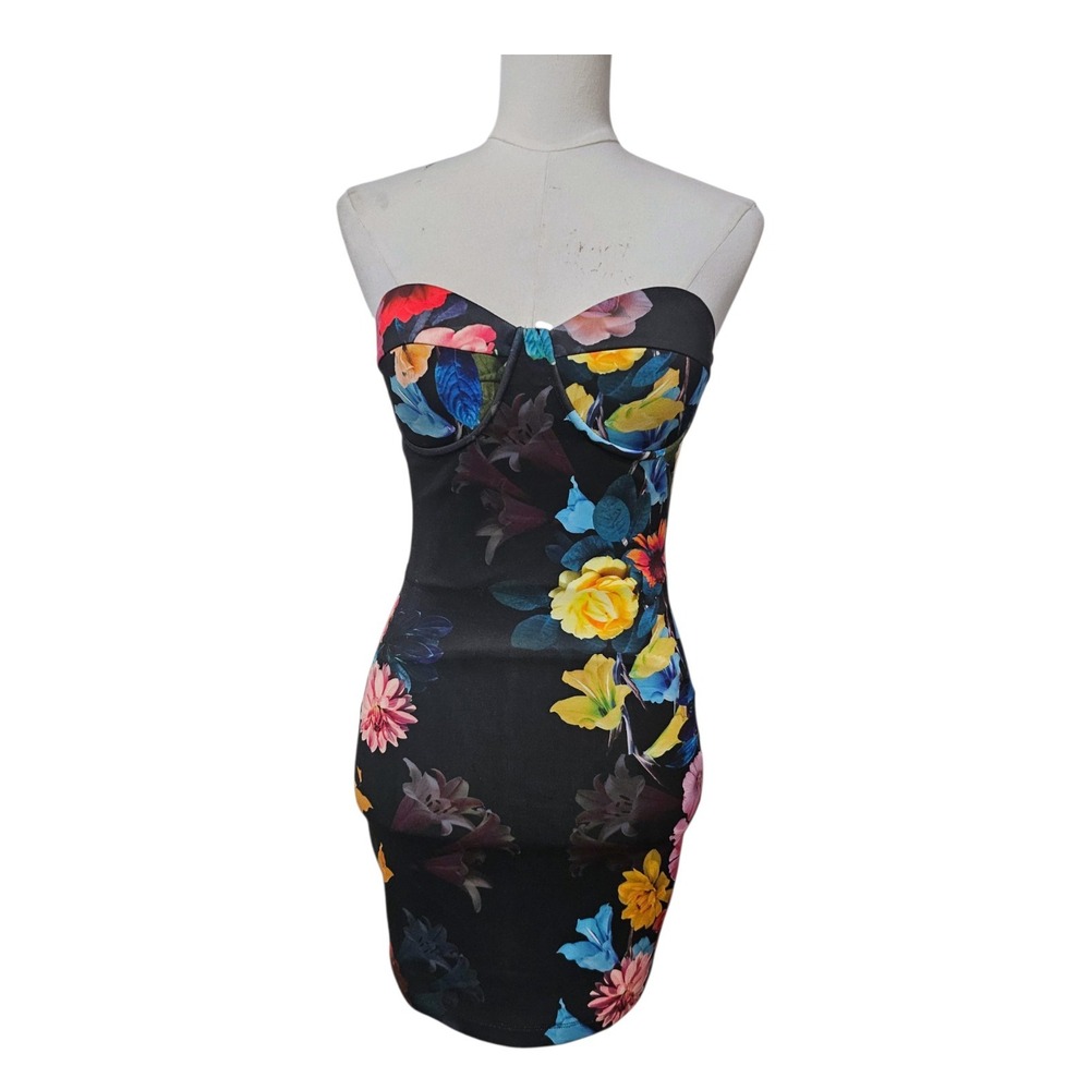 Bebe Floral Strapless Bodycon Mini Dress Black Sweetheart Underwire 2